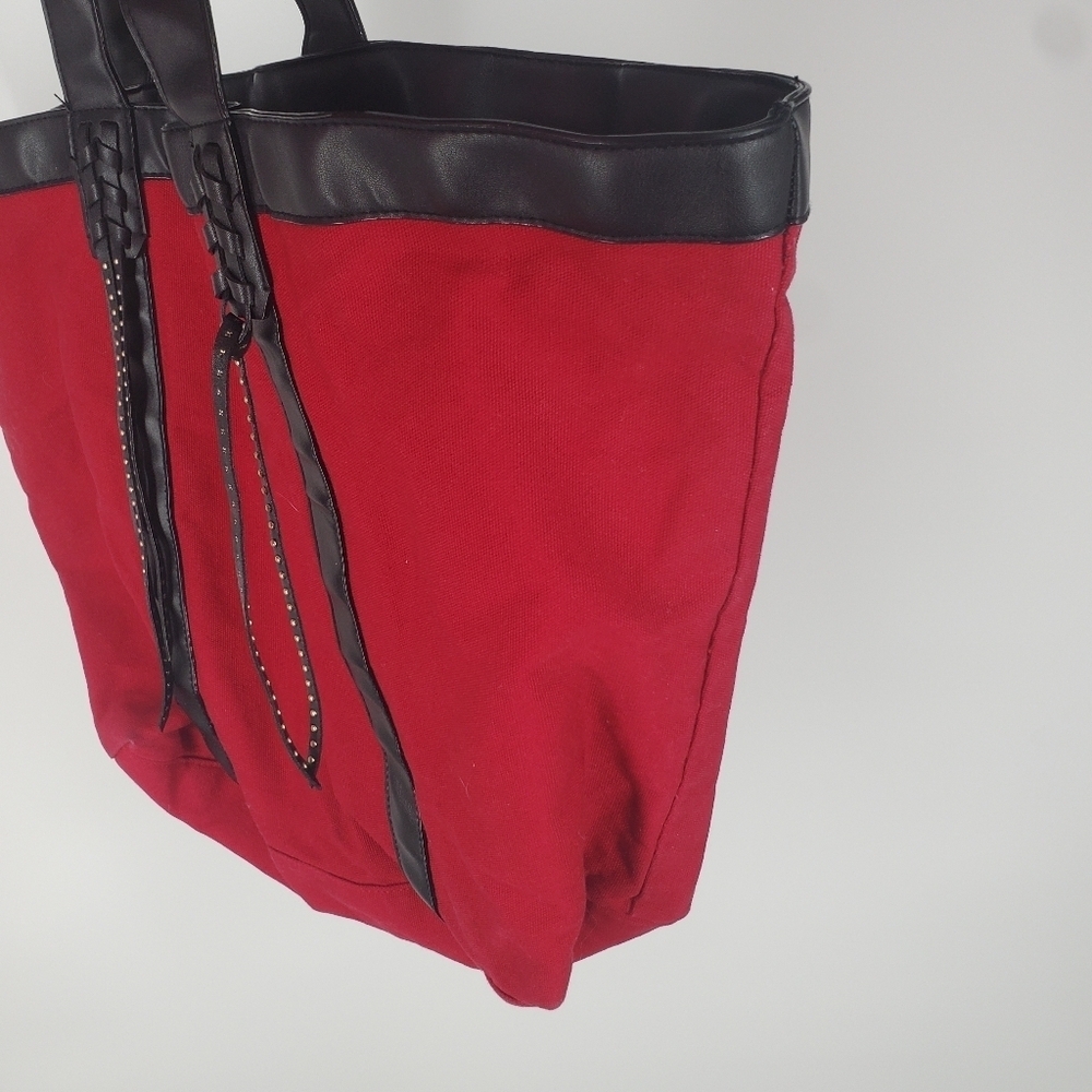Victoria's Secret Large Red Canvas Tote Bag Black Faux Leather Studded Tassels - Picture 2 of 8